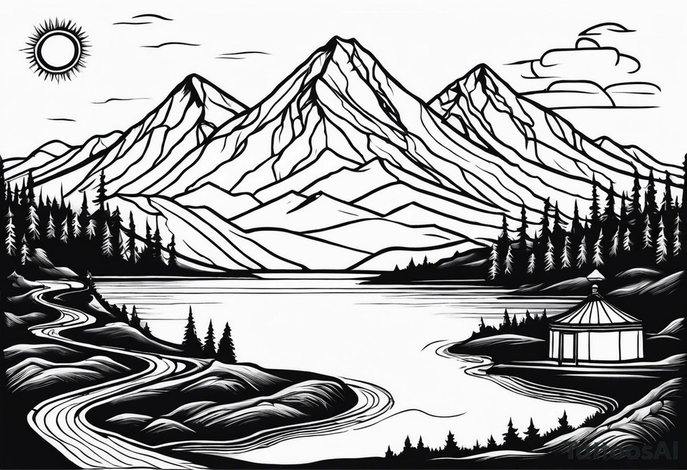 mountains, lake, yurt, sun, road tattoo idea