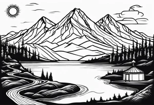 mountains, lake, yurt, sun, road tattoo idea