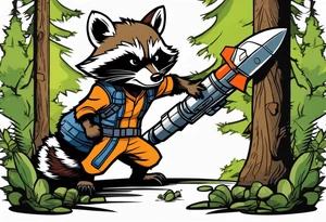 rocket raccoon in a defensive position in a forest tattoo idea