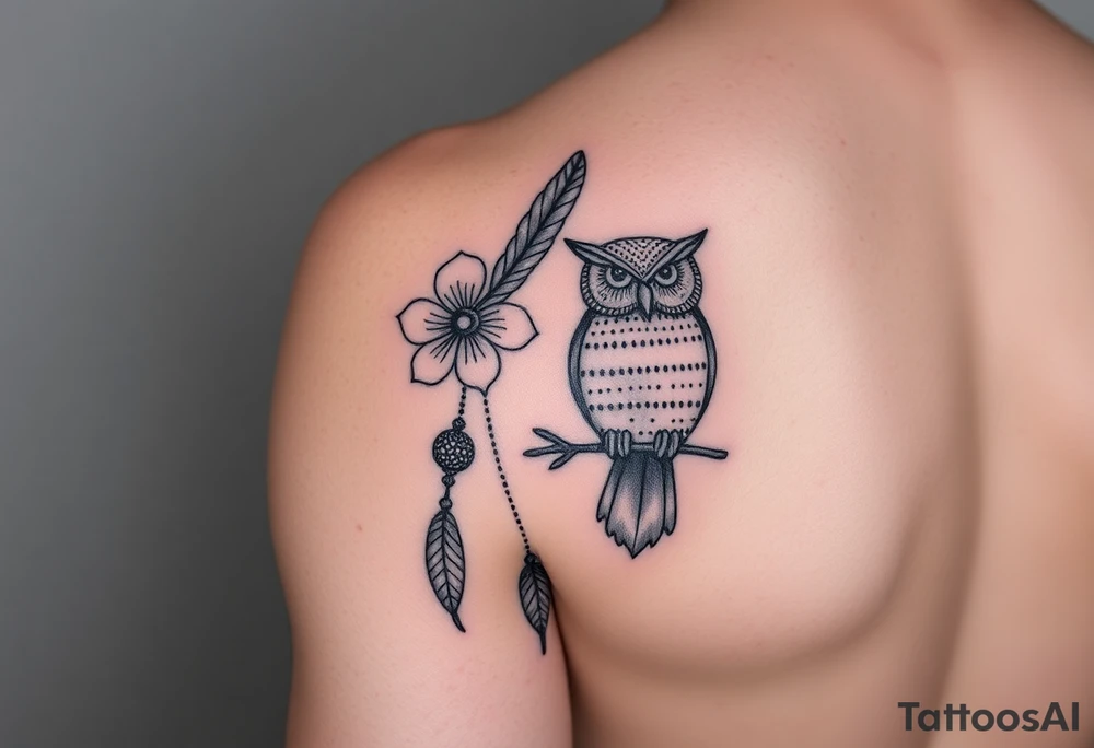 Flower, feather, Mardi Gras beads and a owl 
Sleeve tattoo idea