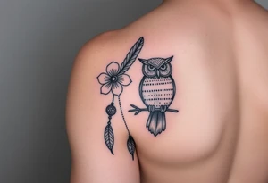 Flower, feather, Mardi Gras beads and a owl 
Sleeve tattoo idea