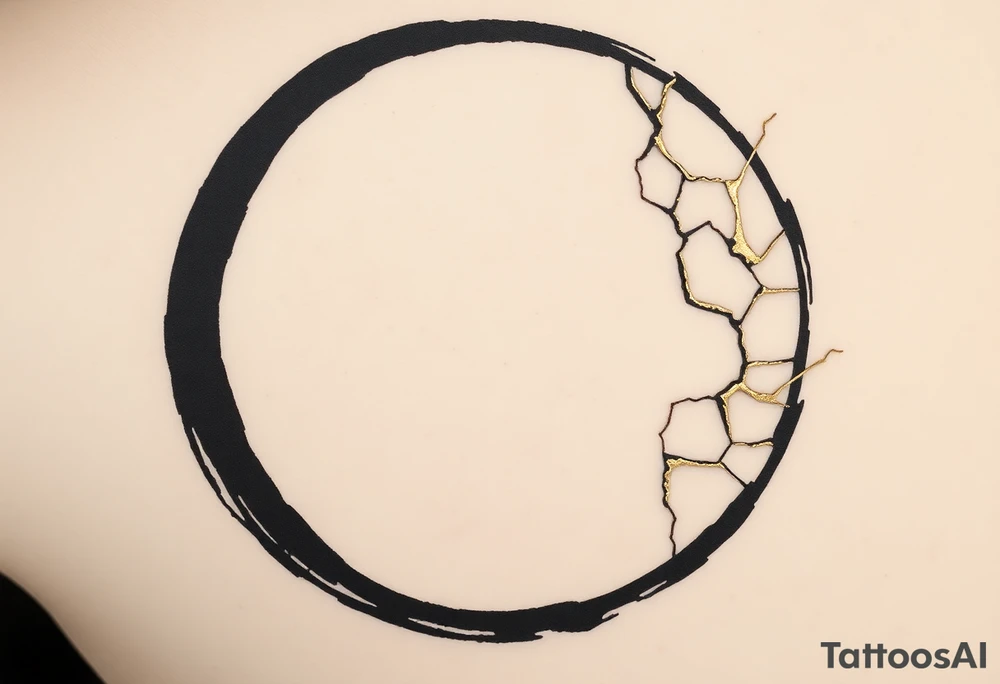 A Japanese‑inspired tattoo of a thick Zen ensō circle, drawn with a bold, hand‑painted black ink brushstroke. The circle is imperfect and organic, with visible texture and subtle variation in line thickness. About the last quarter of the circle, near the top‑right, transforms into a cracked ceramic segment that has been repaired using kintsugi: visible broken pieces outlined and joined by thin, flowing gold lines. There should be a couple big pieces rather than lots of small ones. The gold seams follow the natural fractures of the ceramic section, creating several branching cracks rather than a single line, clearly distinguishing this repaired portion from the rest of the smooth ink circle. The transition from ink to ceramic should feel natural, as if the painted circle solidifies into a fragile object that has been lovingly mended. Keep the interior of the circle empty, with a clean white background and no extra symbols or text. Design it as a black and gray tattoo with a subtle metallic gold effect on the kintsugi seams, suitable for a medium‑sized placement on the back of the bicep. tattoo idea