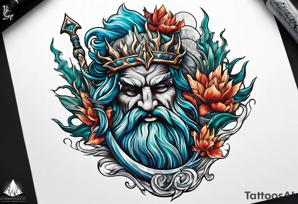 Poseidon’s Trident with Atlantis backdrop tattoo idea