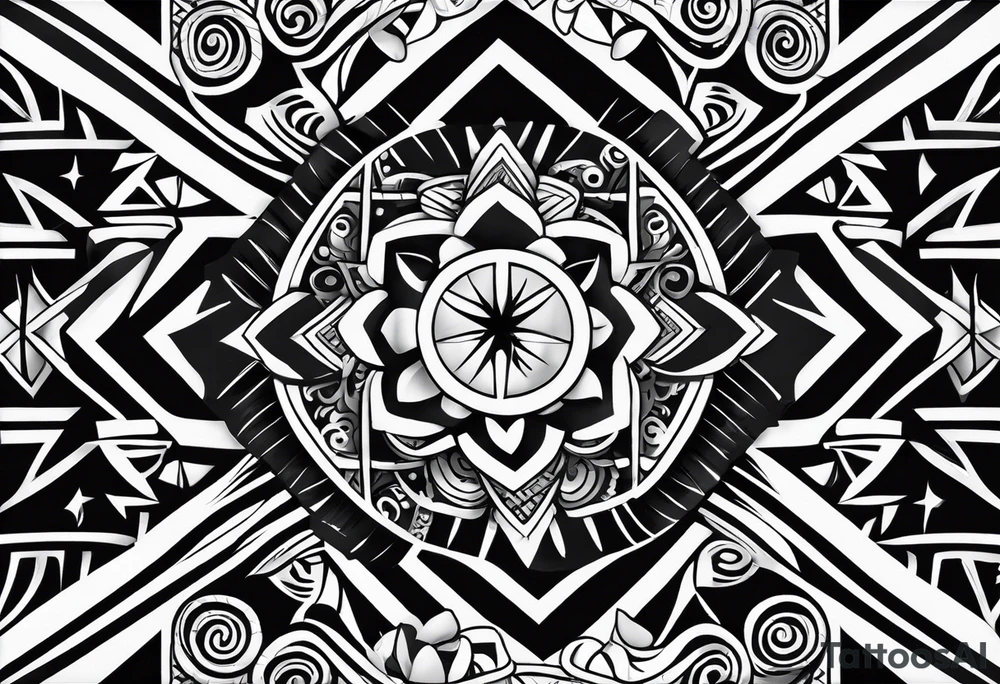 A black-and-white, asymmetrical Filipino tribal tattoo design centered along the spine, incorporating a wide variety of traditional Filipino symbols. tattoo idea