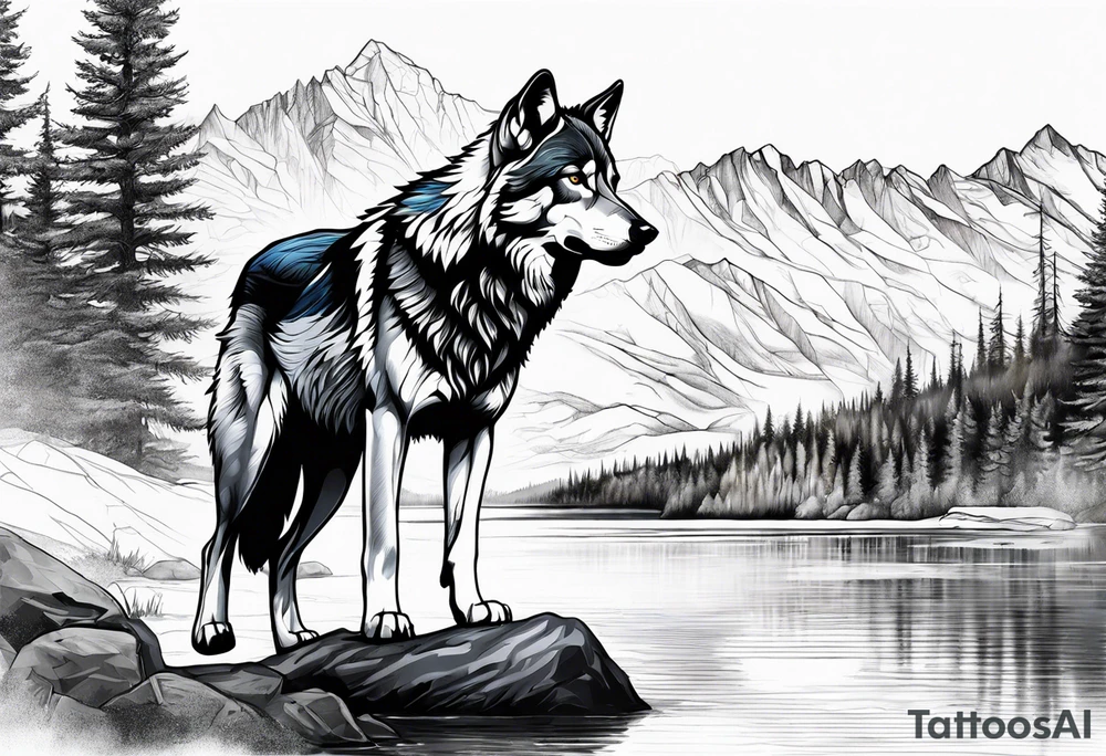 Create a tattoo of a wolf with mountain/lake tattoo idea