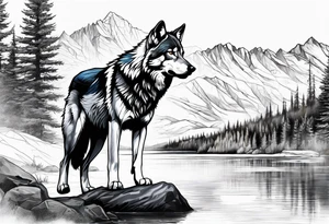 Create a tattoo of a wolf with mountain/lake tattoo idea