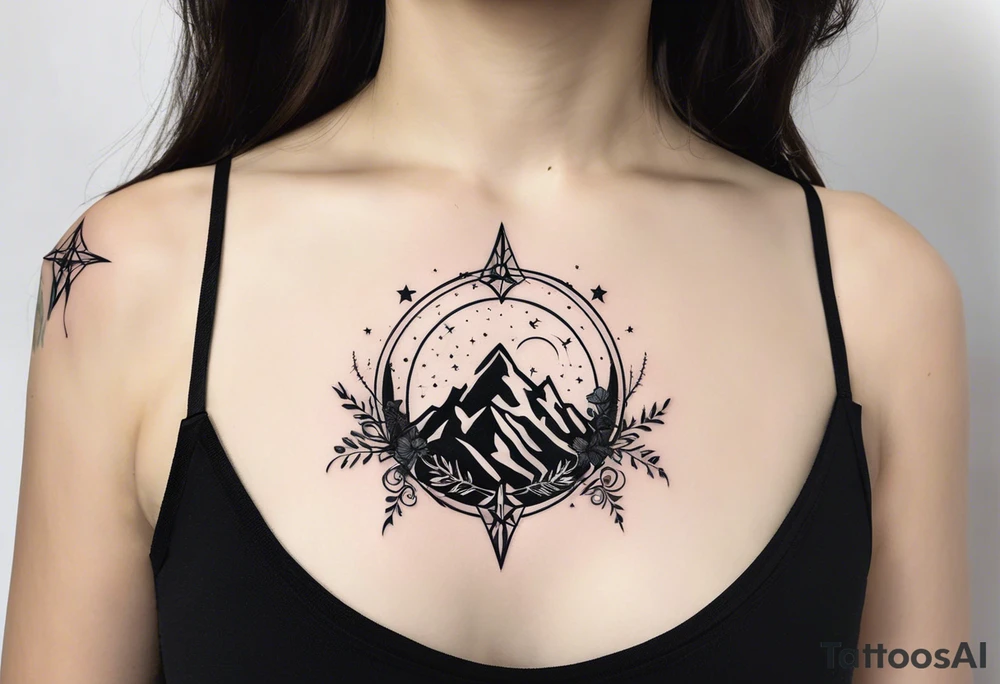 complete upper arm sleeve. Feature three mountain peaks, each topped with a simple star from a court of thorns and roses. Emphasize crossed swords, integrating with abstract, feather-like patterns that evoke the Valkyrie spirit like nesta from a court of silver flames. Keep the design in clean, simple lines. tattoo idea