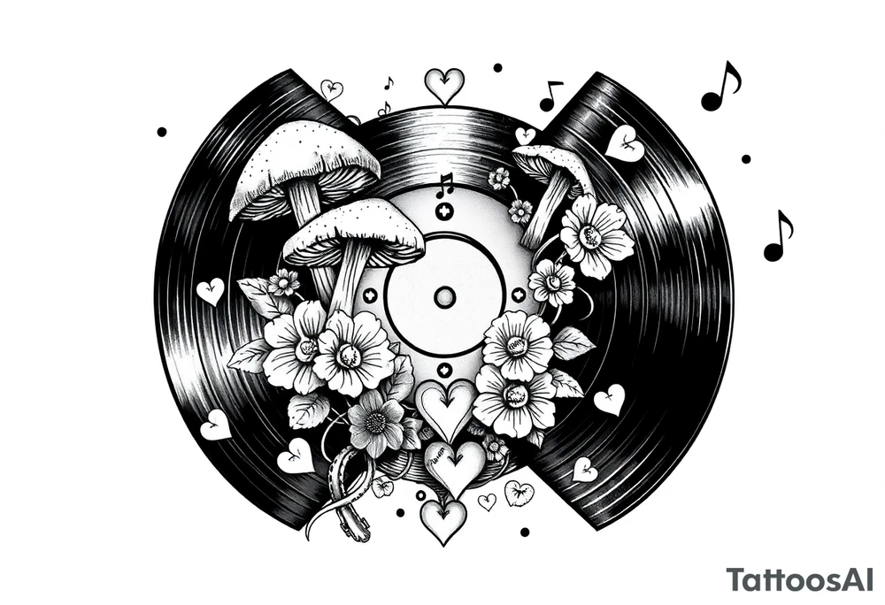 vinyl record with mushrooms, flowers, hearts, and music notes tattoo idea