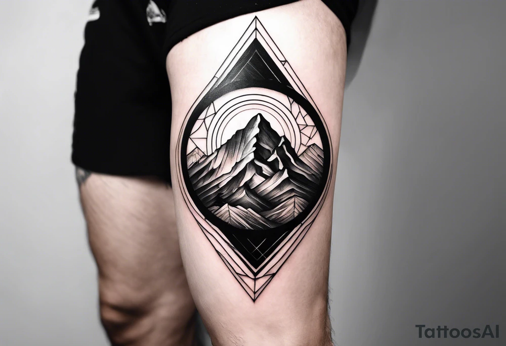 A geometric half sleeve with a mountain peak and a Triskelion tattoo idea