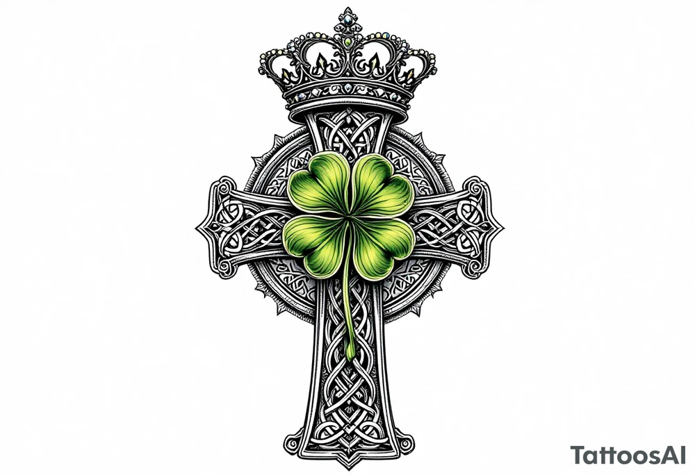 Celtic cross tattoo featuring intricate knotwork patterns along the arms and base of the cross. At the heart of the cross, place a vibrant four-leaf clover, its leaves shaded with subtle gradients of green, symbolizing luck and unity. Above the cross, incorporate a regal crown adorned with ornate details, such as small gemstones or filigree, to signify authority and strength. Behind the cross include a lot of filigree and celtic knots giving a tree of life vibe tattoo idea
