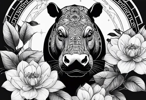 Very asymmetrical, +geometric pattern, with realistic full moon, with seeious looking hippo, +zen feel, + Buddhism touch,
with wintersweet flower bud, +portrait orientation, +inkart touch, tattoo idea