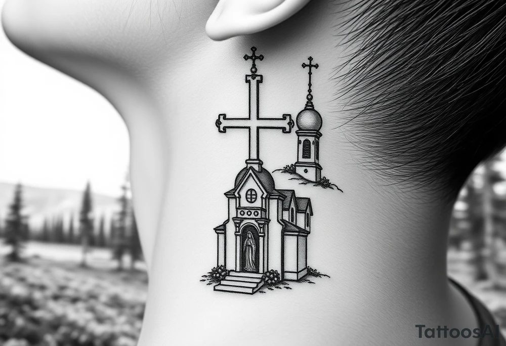russian design  traditional christian orthodox cross with a virgin mary stood beside the entrance of a russian orthodox dome church on the side of the neck in a wilderness setting tattoo idea