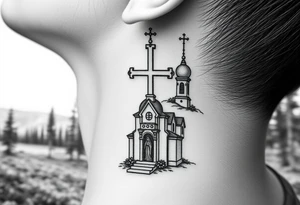 russian design  traditional christian orthodox cross with a virgin mary stood beside the entrance of a russian orthodox dome church on the side of the neck in a wilderness setting tattoo idea