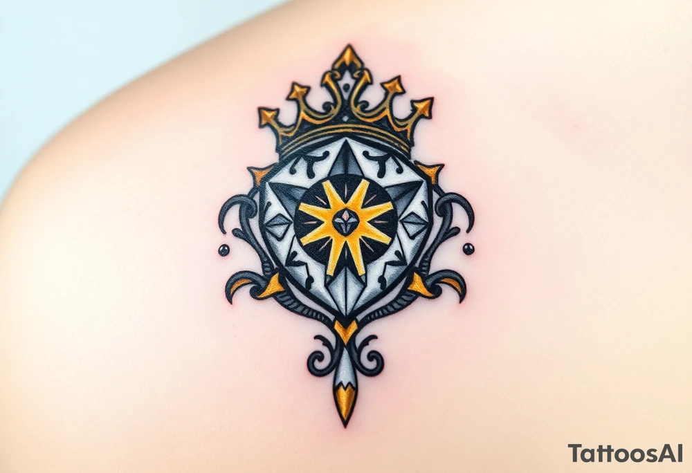 A shimmering diamond encased in a royal crown, adorned with gold and silver accents, radiating light with soft white and yellow highlights to emphasize the diamond's sparkle tattoo idea