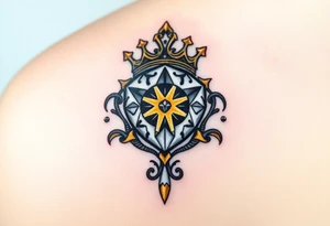 A shimmering diamond encased in a royal crown, adorned with gold and silver accents, radiating light with soft white and yellow highlights to emphasize the diamond's sparkle tattoo idea