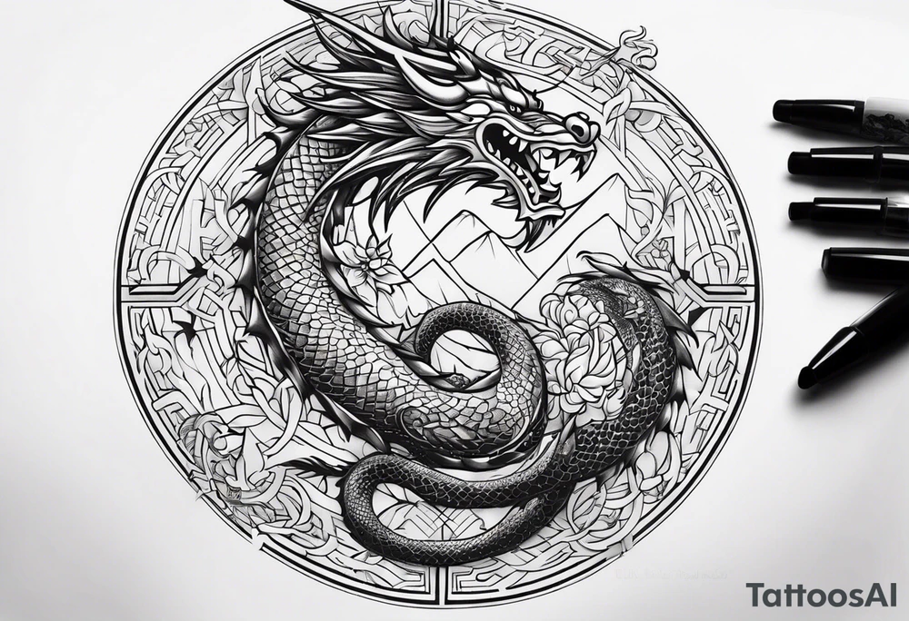 Boussole avec toute les directions avec dragon asiatique avec leur perle tattoo idea