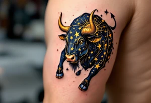 The bull made of Taurus stars charges silently, glowing with golden persistence through a navy sky. tattoo idea