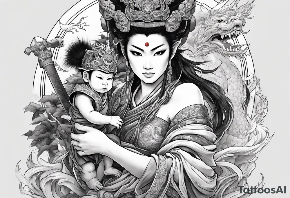 the monkey king with weapon, a japanese dragon, and
shrouded mother holding a baby tattoo idea
