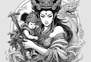 the monkey king with weapon, a japanese dragon, and
 shrouded mother holding a baby tattoo idea