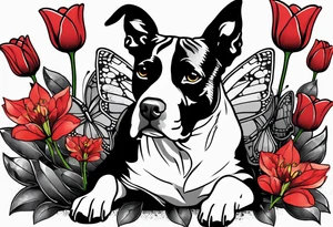 american staffordshire with tulips with a butterfly, with pills, drugs, euro bank notes and currency, vbank cheques, police, walkietalkies tattoo idea