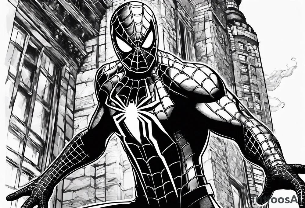 black suit spider-man on tower tattoo idea