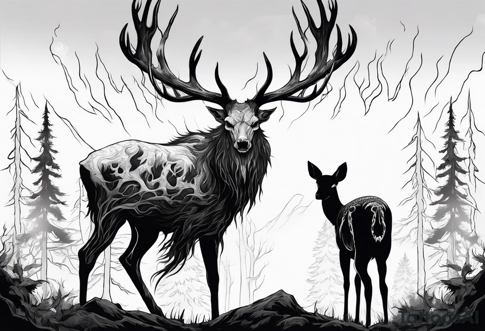 A scary wendigo with a decayed deer skull head with flames and trees tattoo idea