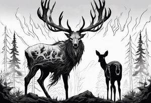 A scary wendigo with a decayed deer skull head with flames and trees tattoo idea