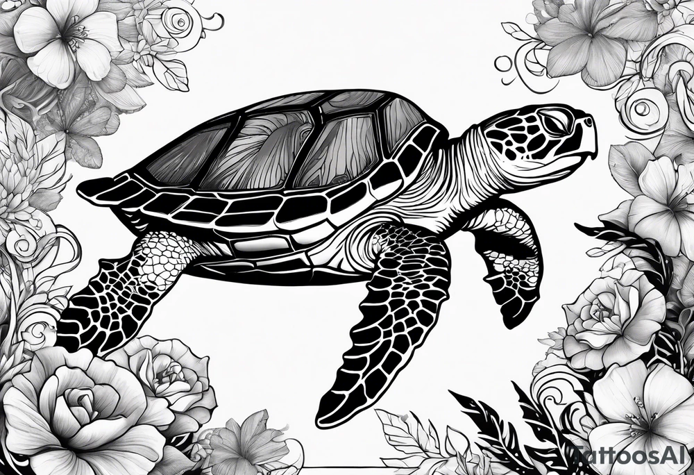 Sea turtle surrounded by hawian flowers and sea shells tattoo idea