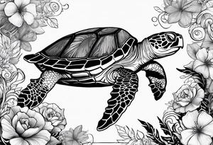 Sea turtle surrounded by hawian flowers and sea shells tattoo idea
