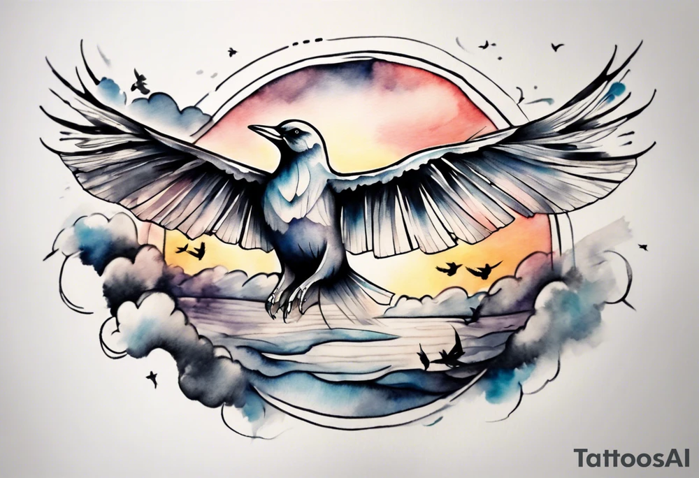 a shoulder round shape tattoo with lots of rays of light in gradient starting from the middle
, clouds and birds flying free tattoo idea