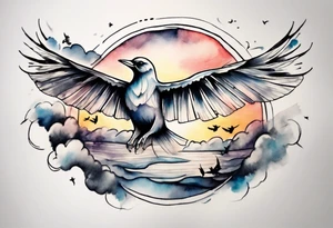 a shoulder round shape tattoo with lots of rays of light in gradient starting from the middle
, clouds and birds flying free tattoo idea