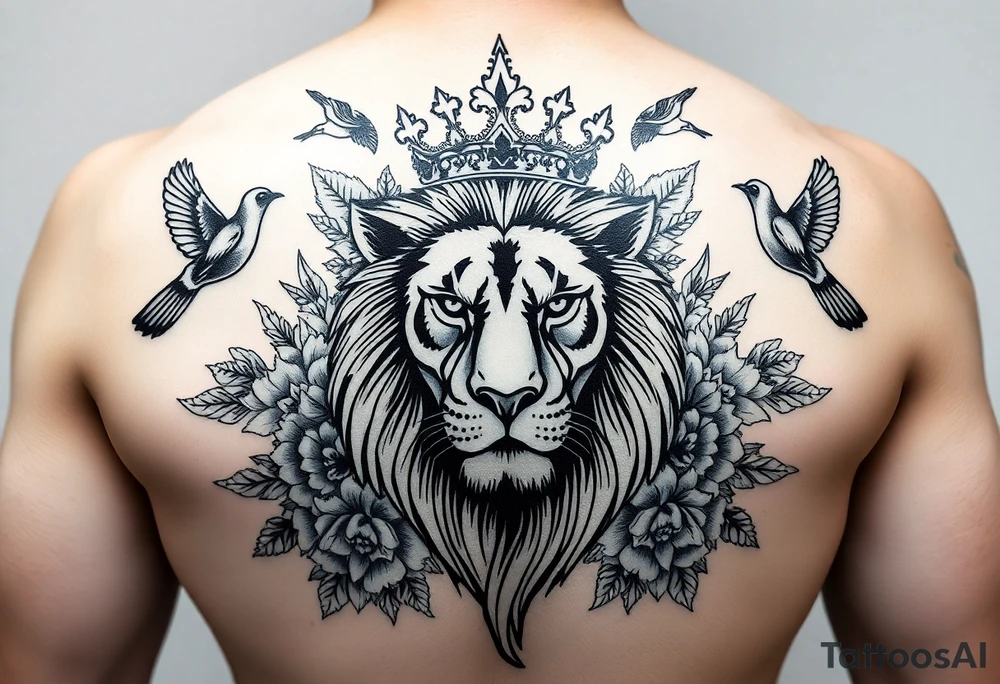 powerful majestic lion with a crown, surrounded by floral ornaments and birds tattoo idea