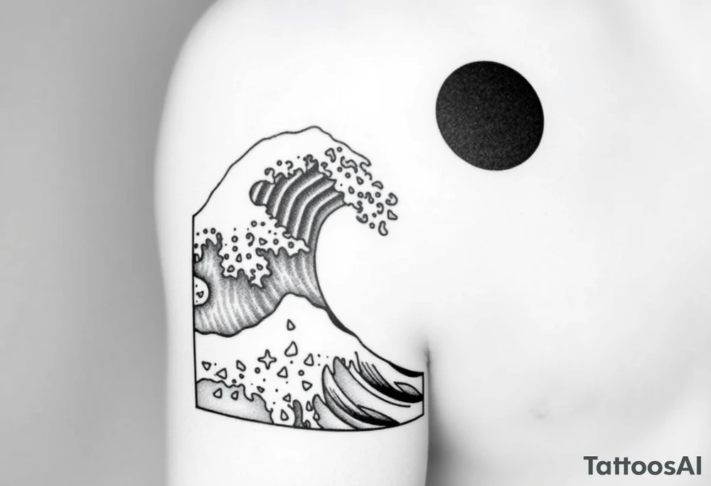 Black and white tattoo design in a vertical rectangular frame, sized to fit the upper arm. Inside the border, feature a dramatic Hokusai-style wave as the central focus, with intricate detailing and texture. Include expressive water droplets around the crest and spray of the wave, similar to traditional Japanese woodblock prints. In the top right or left corner, place a solid black or partially shaded sun for contrast. Use black ink thoughtfully—avoid overly large solid black areas; instead, emphasize fine linework and layered shading to give the piece depth without overwhelming the composition. The overall aesthetic should be bold yet elegant, with a clean, framed silhouette suitable for a modern tattoo. tattoo idea