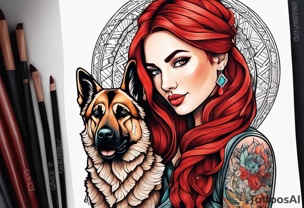 red hair woman with German shepherd dog tattoo idea