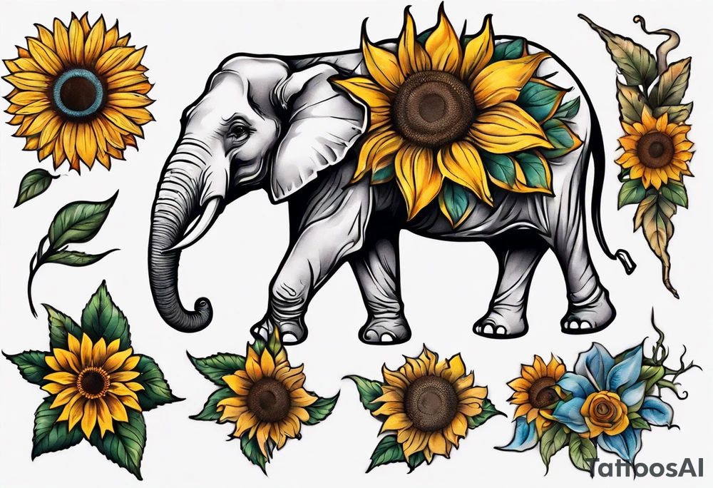 Elephant with Raised trunk and sunflower tattoo idea