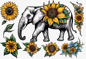 Elephant with Raised trunk and sunflower tattoo idea
