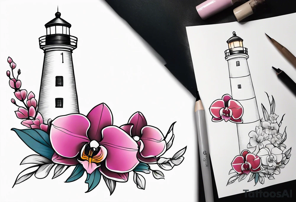 Lighthouse and an anchor and orchids tattoo idea