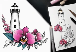 Lighthouse and an anchor and orchids tattoo idea