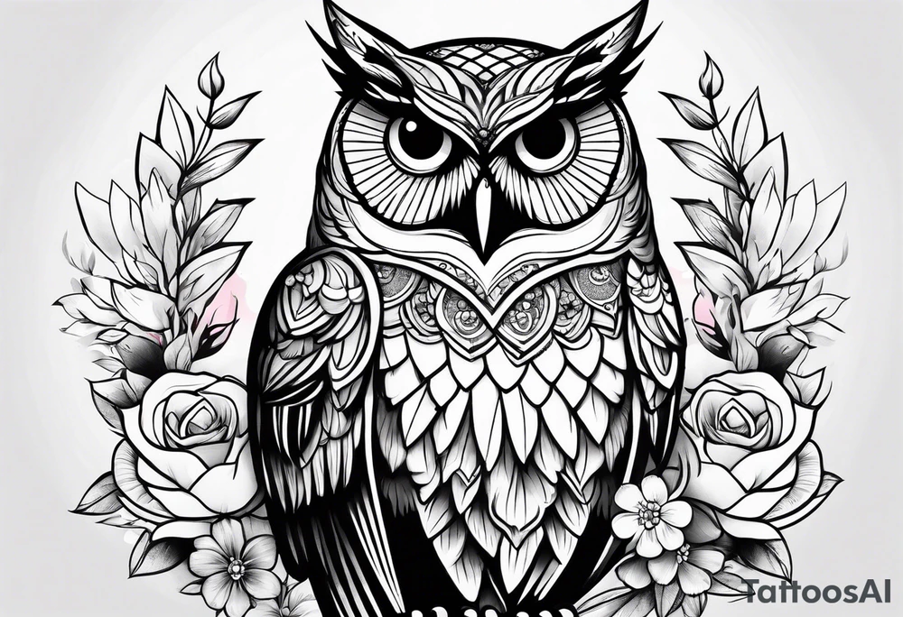 female owl with flowers tattoo idea