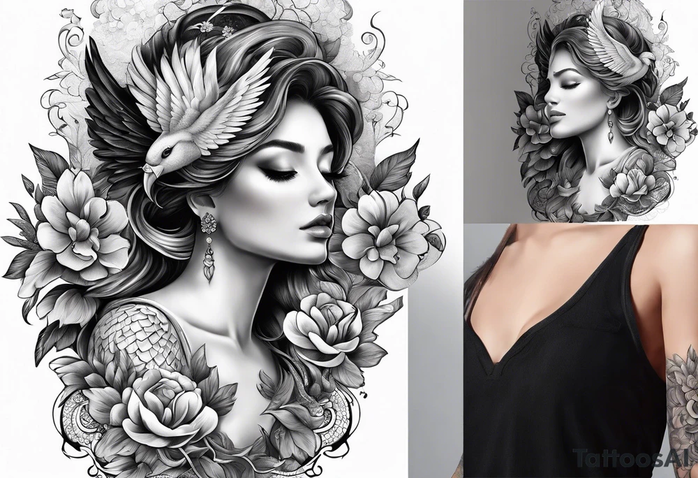 Sleeve with blind Themis and Phoenix with flowers tattoo idea
