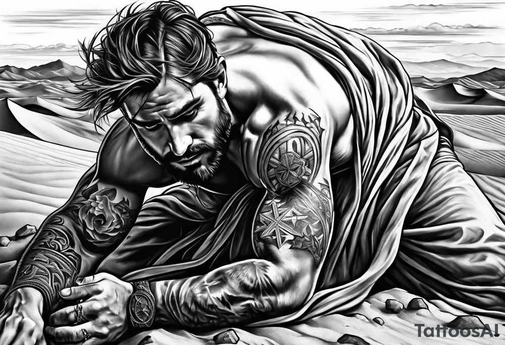 man crawling in a desert reaching to the cross of Christ tattoo idea