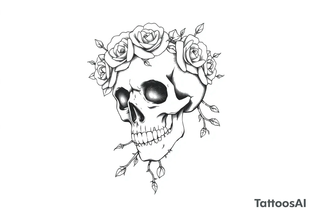ornate skull adorned with crown of wild roses and thorns tattoo idea