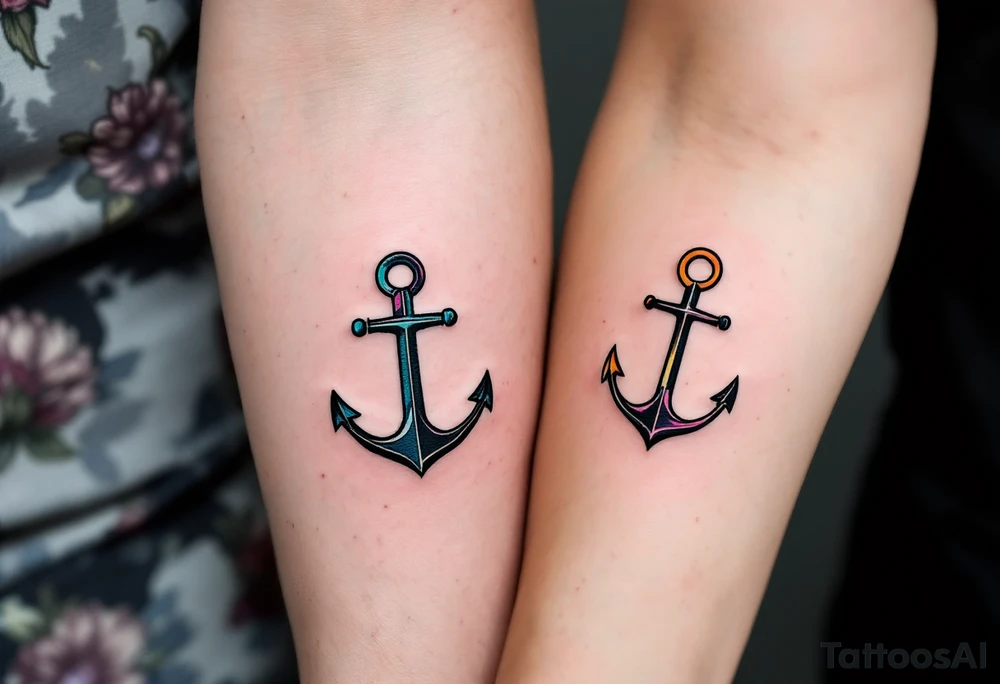 Matching man and woman tiny black anchor tattoos, the father’s on the upper arm tattoo idea