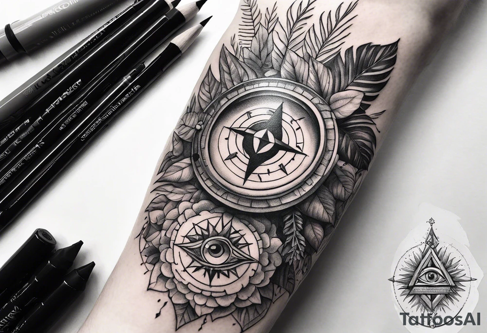arm, jungle plants, compass, all-seeing eye tattoo idea
