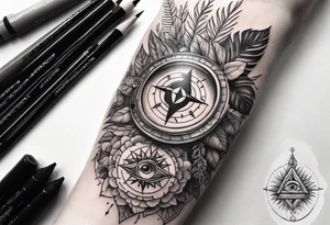 arm, jungle plants, compass, all-seeing eye tattoo idea