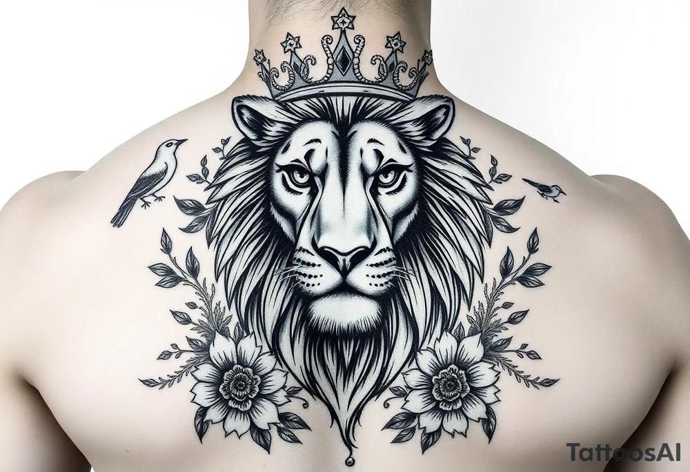 powerful majestic lion with a crown, surrounded by floral ornaments and birds tattoo idea