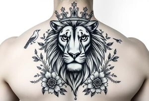 powerful majestic lion with a crown, surrounded by floral ornaments and birds tattoo idea