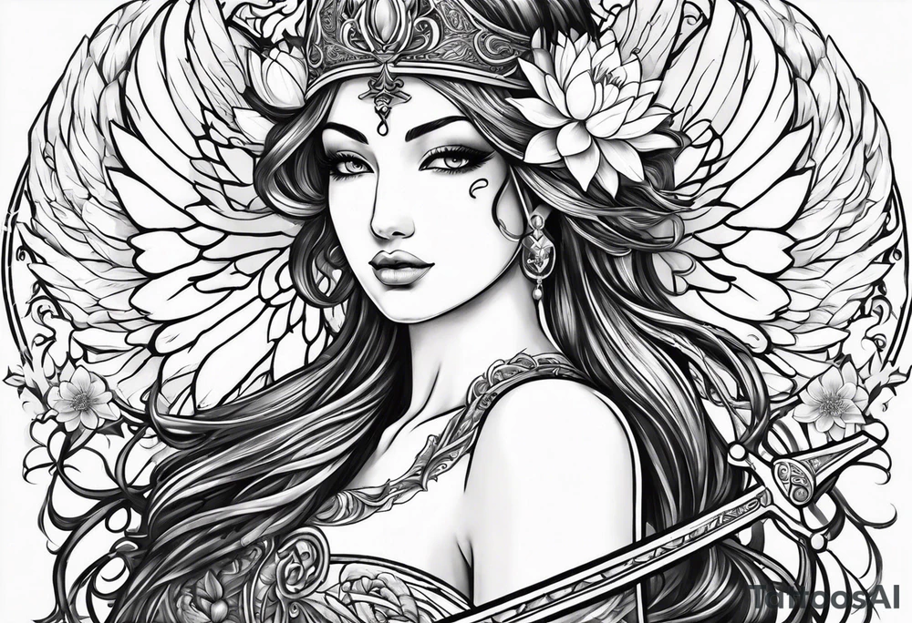 Sword in the middle a goddess face on the left side angel wing on right side and water Lilly’s around tattoo idea