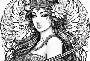 Sword in the middle a goddess face on the left side angel wing on right side and water Lilly’s around tattoo idea