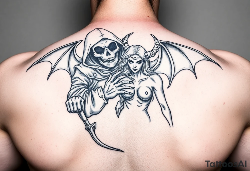 Grim reaper protecting female demon tattoo idea